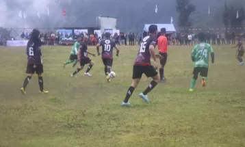 A friendly soccer match begins in Manang's high-altitude regions